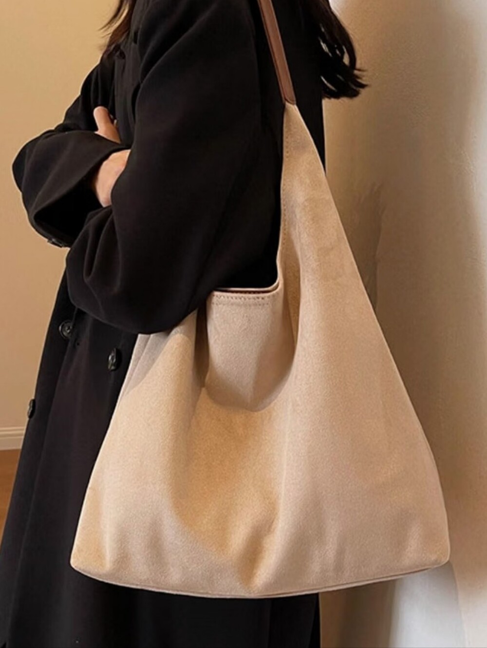 Minimalist Suede Hobo Bag in Taupe - Picture 2 of 4